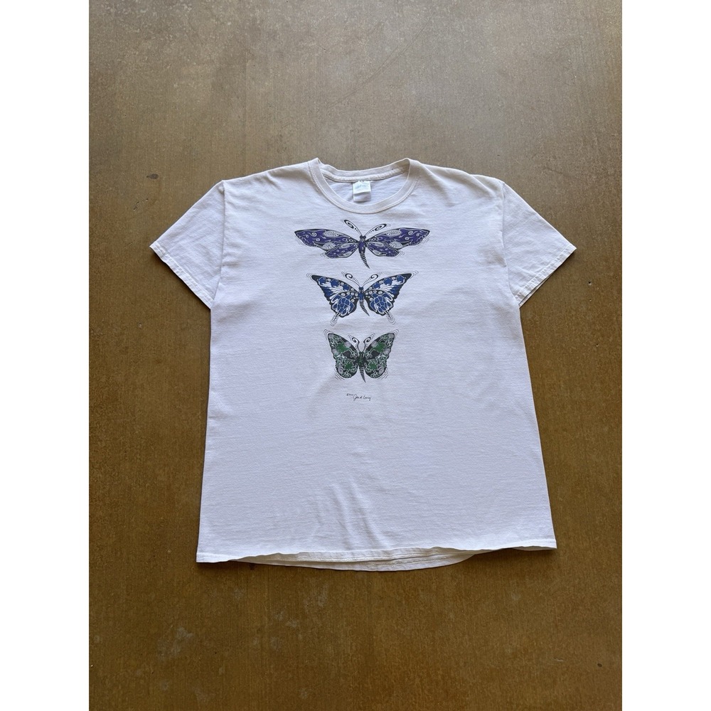 VTG 2002 Butterflies Nature Art Abstract Wings T-Shirt White L Y2K Gildan